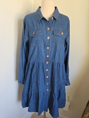 Denim Button-Front Tiered Shirt Dress - Blue